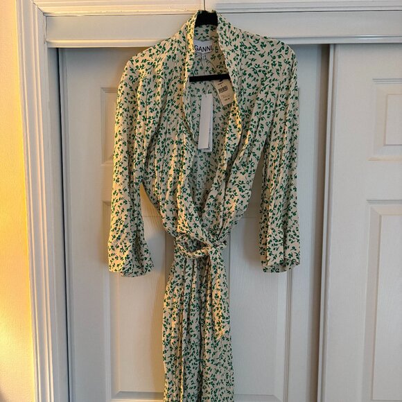 Ganni Ivory & Green Floral Print Crepe Wrap Dress Sz 40 (US 8) NWT - Picture 7 of 11